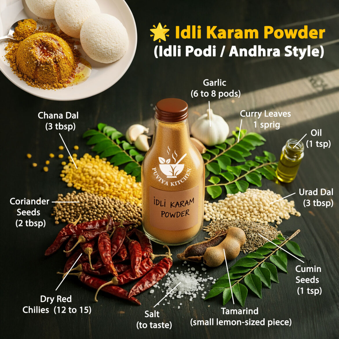 Idli Karam Powder Recipe | Andhra Style Idli Podi | Gunpowder for Idli & Dosa